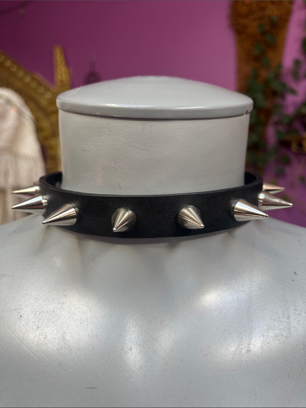 Goth black leather and silver spiked studded choker